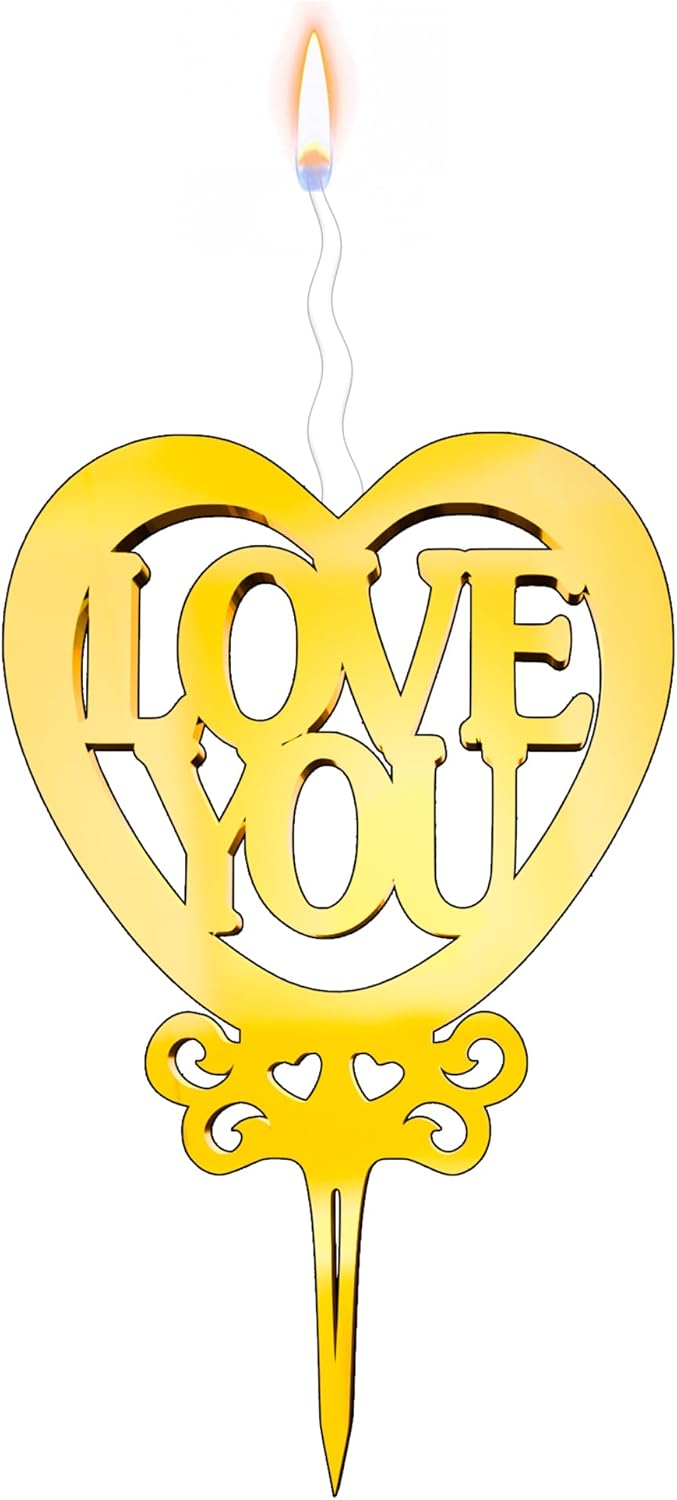 Love You Reusable Gold Romantic Cake Candle - Luxury Cake Topper Candle for Birthdays, Weddings & Anniversaries - Reusable Food Safe Acrylic, Shiny Mirror Finish - Happy Birthday Cake Topper Decor