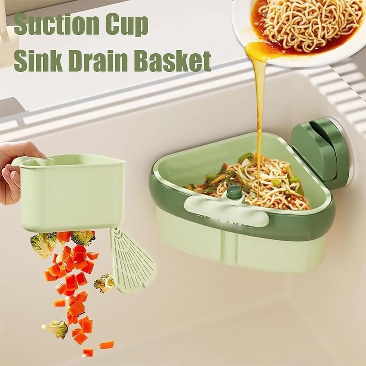 Suction Cup Sink Corner Rack, Triangular Sinks Basket Shelf with Suction Cup Sucker, Plastic Sink Storage Rack Holder, Trash Catcher, Corner Hanging, for Kitchen Bathroom Dishware(Green)