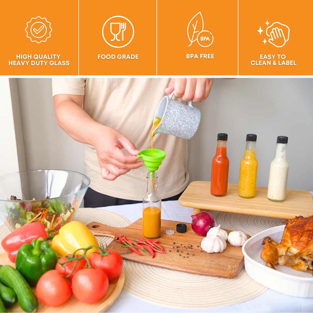 FastRack - 5oz Woozy Bottles for Hot Sauce, Pack of 24 with Black Plastic Caps & Shrink Sleeves, Empty, Clear Glass bottles with Leakproof Cap - No Dripper Included