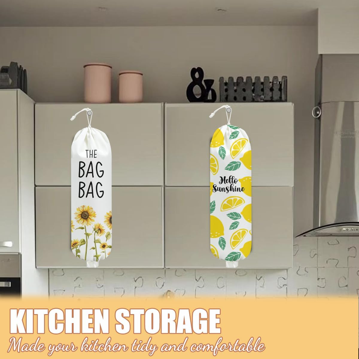 2 Pcs Sunflower Plastic Bag Holder, Lemon grocery bag holder for plastic Storage bag, Reusable Grocery Bag Organizer with Drawstring, Pull Rope Free Adjustment, Home Kitchen Pantry Decor, 22.5x9 Inch