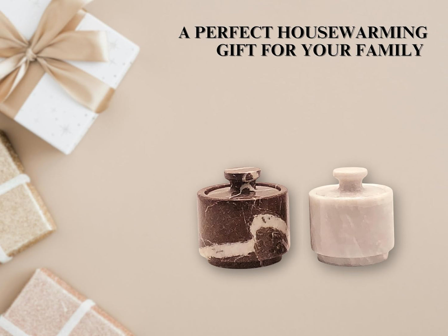 Marble Salt Cellar with Lid - 2 Pack Set, 3.5oz Kitchen Storage Containers, Premium White Red Marble Pattern