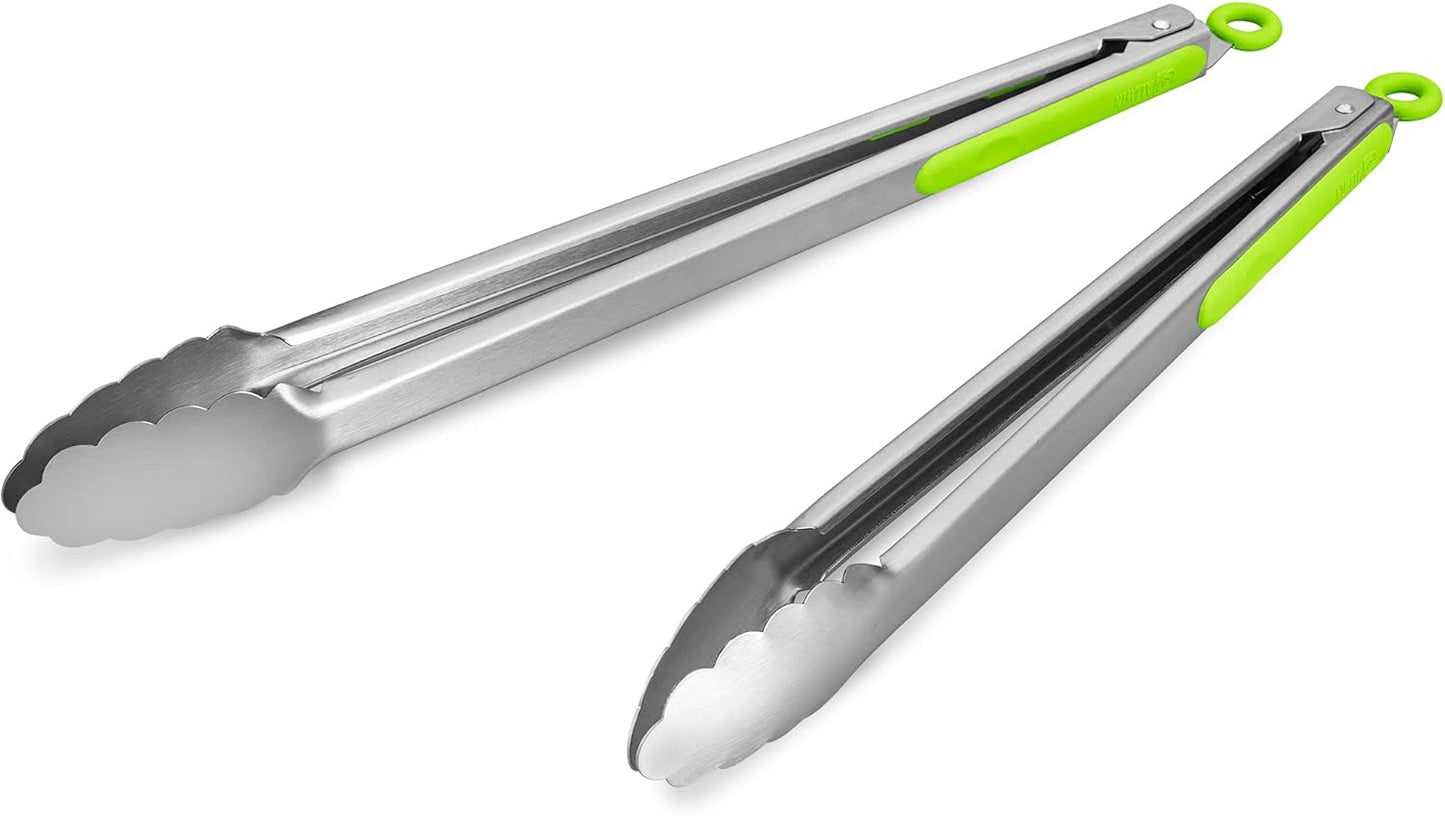304 Stainless Steel Kitchen Cooking Tongs, 14" and 16" Set of 2 Sturdy Grilling Barbeque Brushed Locking Food Tongs with Ergonomic Grip, Green