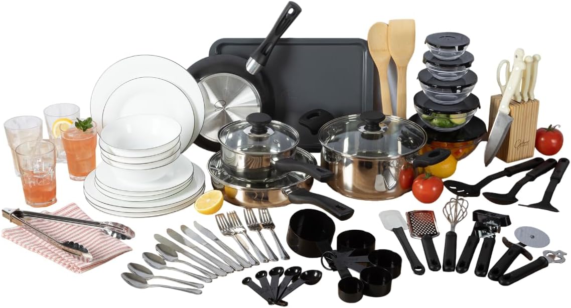 Gibson Home 74 Piece Kitchen in a Box Pots and Pans Cookware, Plates and Bowls Dinnerware, Cutlery Knife Block, Flatware Utensils, Tools & Gadgets, Storage, Glasses Set
