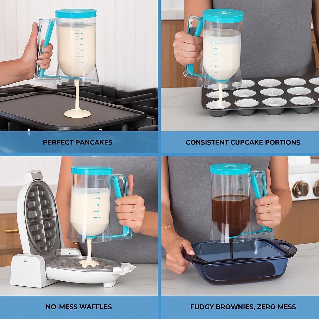 Pancake Batter Dispenser - Kitchen Must Have Tool for Perfect Pancakes, Cupcake, Waffle, Muffin Mix, Cake & Crepe - Easy Pour Baking Supply for Griddle - Pancake Maker with Measuring Label (Turquoise)