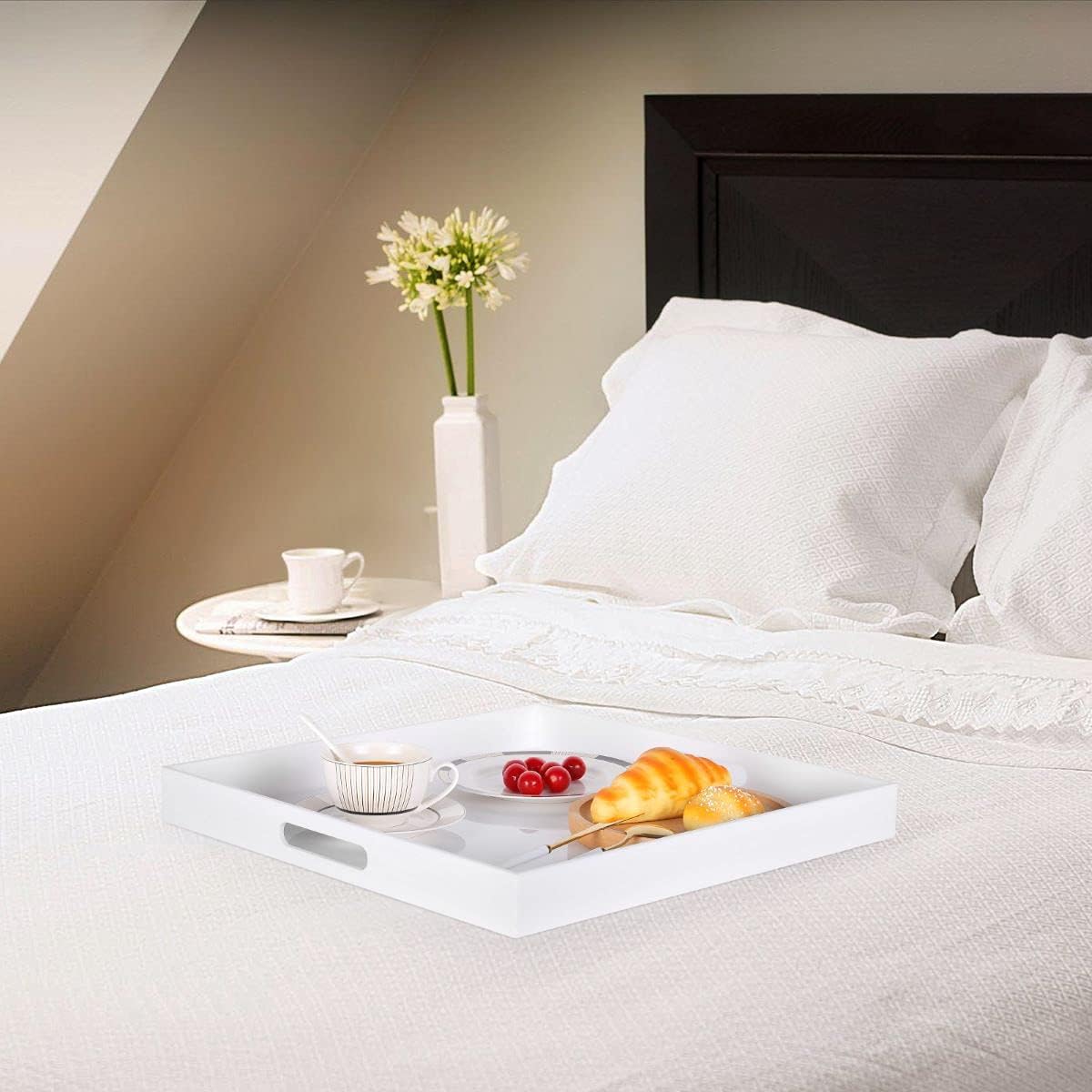 White Acrylic Large Ottoman Tray with Handles 18"x18"x2" Spill Proof Serving Tray Rubber Boot Organizer Tray Decorative for Living Room Bedroom Kitchen Entryway Coffee Table Countertop