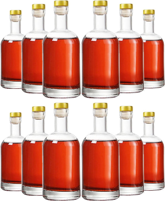 Clear Glass Bottles 12 oz - 375ml [Pack of 12] for Wine Beverages Drinks Oil Vinegar Kombucha Beer Water Soda with Cork Stopper Airtight Lid