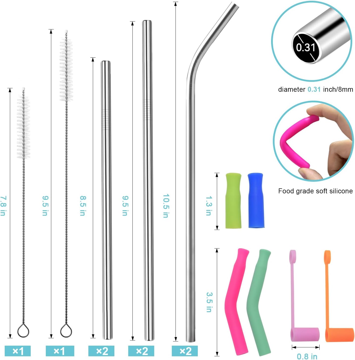 Reusable Stainless Steel Straws Set 6 PCS with 6 Silicone Tips, 2 Straw Brush, 1 Storage Case, Different Sizes of Metal Straws Reusable, Suitable for 14, 20, 30 oz Cups Tumbler，for Hot/Cold Drinks