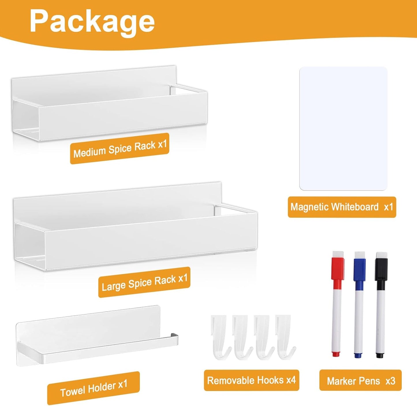 4 Pack Magnetic Spice Rack for Refrigerator,Metal Magnetic Shelf White with Paper Towel Holder,Whiteboard,3 Markers,4 Hooks,Space Saving for Home,Kitchen