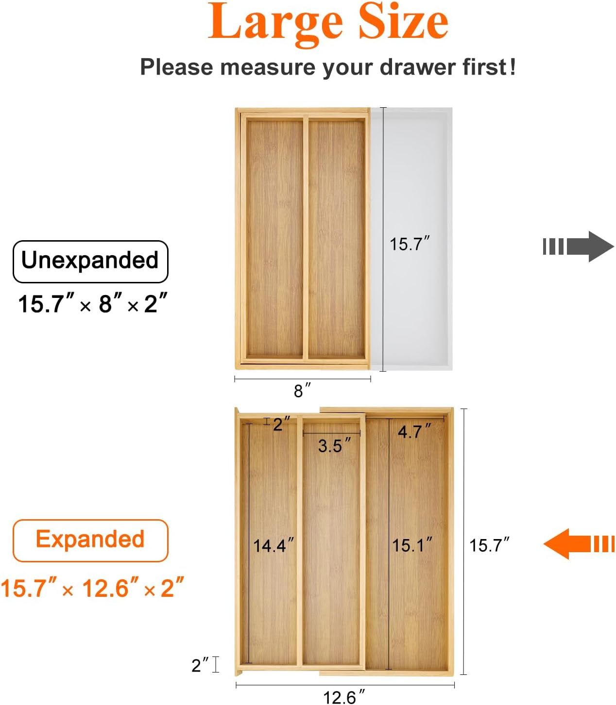 Large Bamboo Silverware Drawer Organizer Tray Kitchen Tool Drawer Divider Organizers Storage Expandable Cooking Utensil Organizer Wooden Cutlery Tray Spoon Flatware Organizers Utensil Holder Drawers