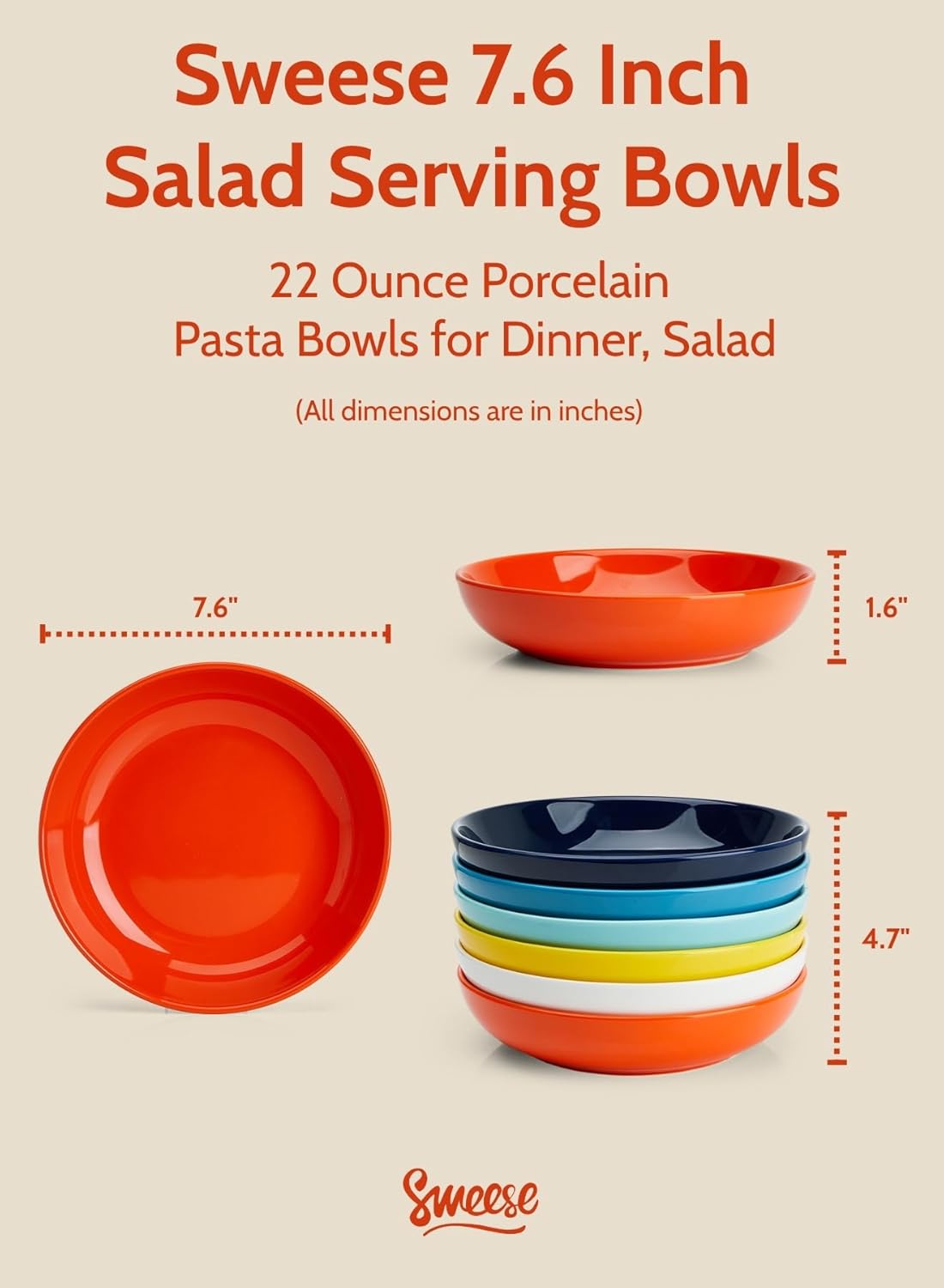 Sweese 22oz Porcelain Pasta Bowls Set - 7.6" Salad Serving Dishes, Microwave Dishwasher Safe, Set of 6, Vibrant Colors