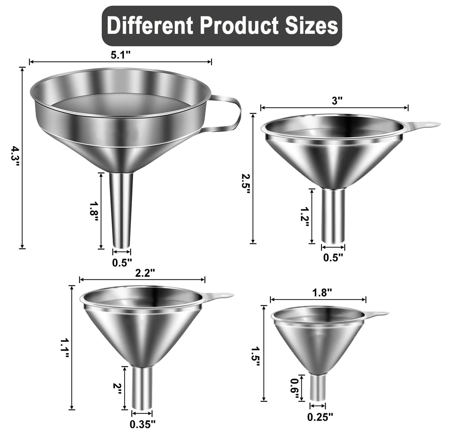 Stainless Steel Funnels for Kitchen use,4PCS Kitchen Metal Funnel with 2 Removable Strainer,Cleaning Brush.Funnel for Filling Bottles,for Transferring of Liquid,Oils,Jam (5.1",3",2.2",1.8")