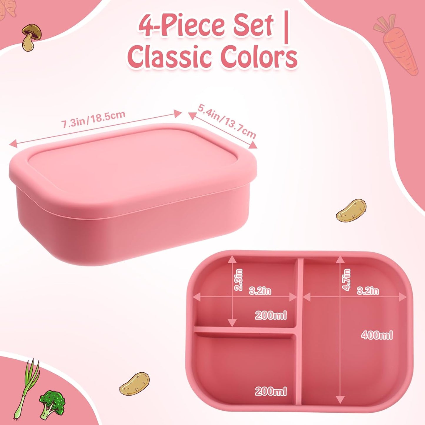 Honeydak 4 Pcs Silicone Bento Lunch Box 3 Compartment Reusable Leakproof Silicone Bento Lunch Container for Adults Microwave Dishwasher Freezer Safe(Red)