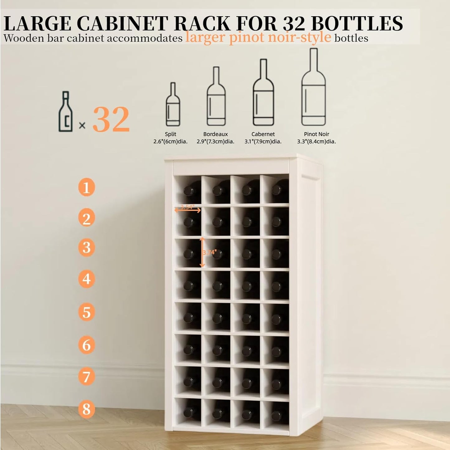WERSMT 8-Tier Wine Rack Freestanding Floor, 32 Bottles Wood Wine Rack Counter for Small Space, Farmhouse Stackable Modular Wine Bottle Holder Rack, White
