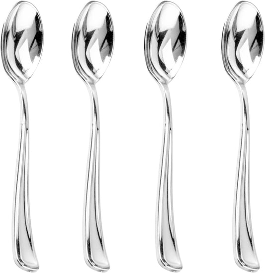 Liacere 200PCS Silver Plastic Spoons - Heavy Duty Disposable Spoons - dessert Spoons for Wedding & Party & New Year & Valentine's Day