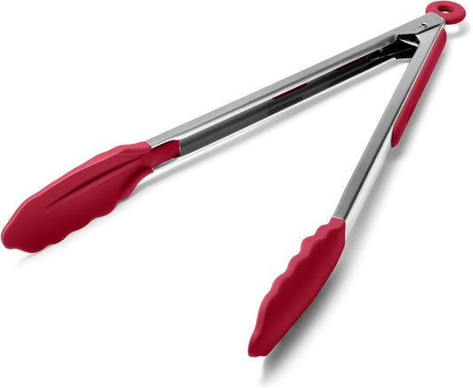 Doosu Kitchen Tongs for Cooking - 600°F Heat Resistant Food Tong with Non-Scratch Silicone Tips, Heavy Duty Stainless Steel Locking Tong for BBQ, Grilling Steak, Serving Salad, Pasta (12in, Red)