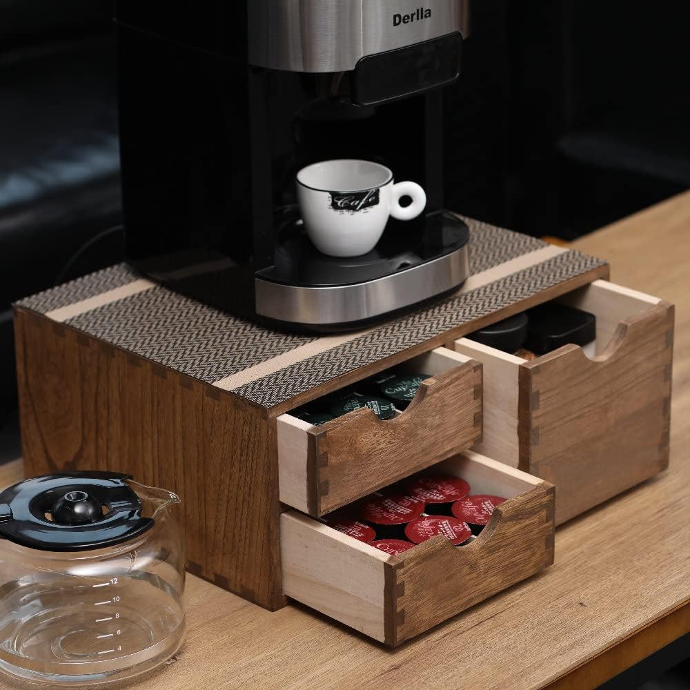 Coffee Pods Storage Drawer Holder for Capsules - Multi Functional Desk Organizer Drawers For K-Cup Coffee Maker Brew - Kitchen Mini Wooden Box Chest Sideboard Counter Organization CF2D3C Dark