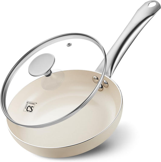 KOCH SYSTEME CS Nonstick Frying Pan with Lid, 8 Inch Non-Stick Skillet with Stay-Cool Stainless Steel Handle, Omelet Pan with Nonstick Ceramic Coating, PFOA Free, Oven Safe, Cream White