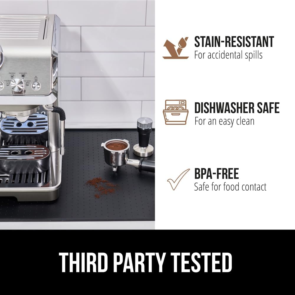 GORILLA GRIP Silicone Coffee Mat, 18x28, Espresso Drink Bar Station Accessories, Waterproof Heat-Resistant Dish Drying Mats, Stay in Place on Kitchen Counter, Home Kitchen Decor Essentials, Black