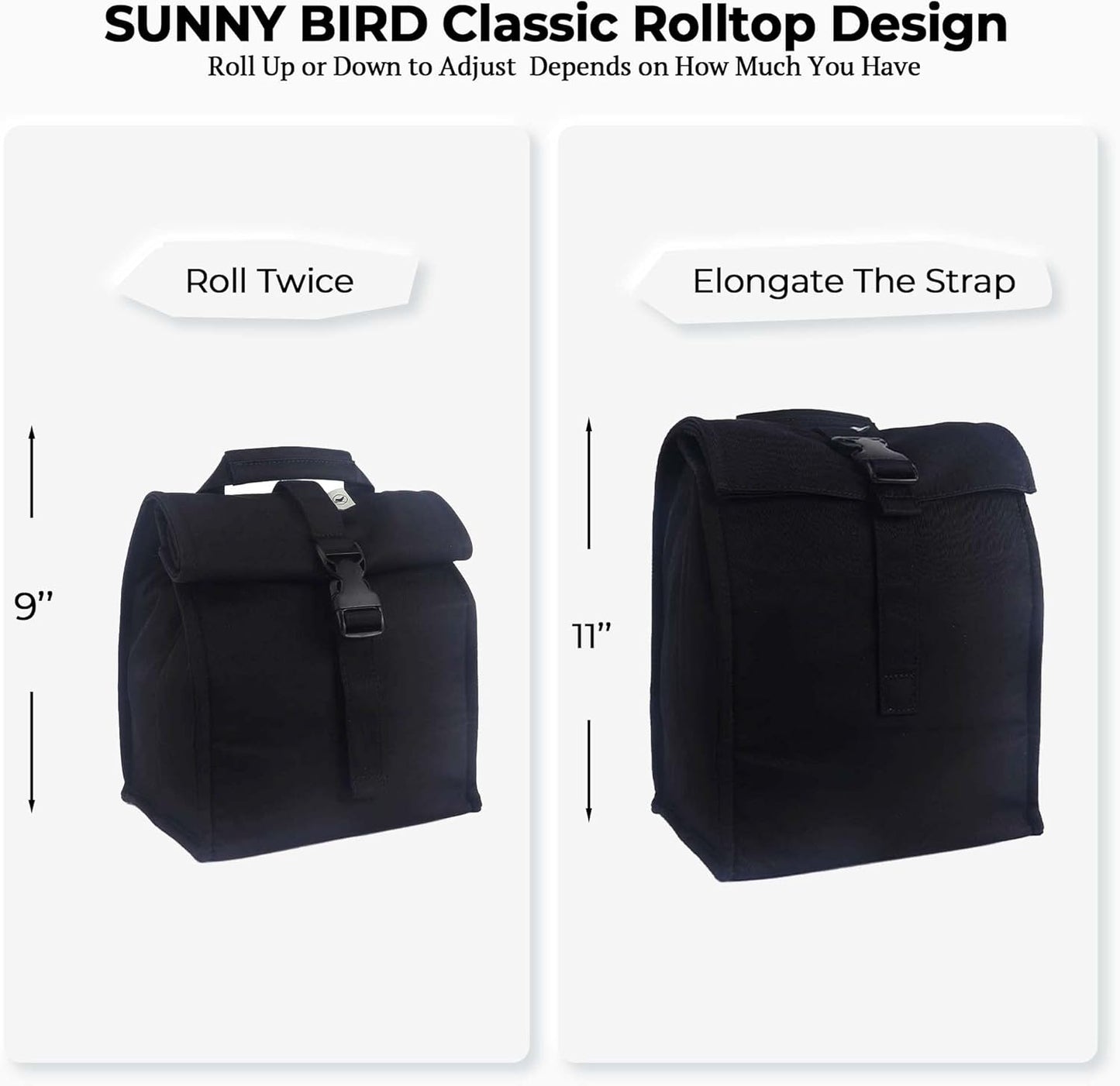SUNNY BIRD Insulated Lunch Bag Rolltop Lunch Box for Women, Men, Adults and Teens (Black)