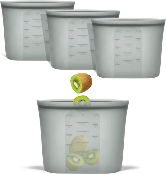 Reusable Storage Bags Quart Size, 4 Pack, 100% Silicone Stand Up Ziplock Reusable Silicone Food Storage Bags Sandwich Bags Containers, Freezer Microwave Oven Dishwasher Safe, Grey, 33.8fl.oz