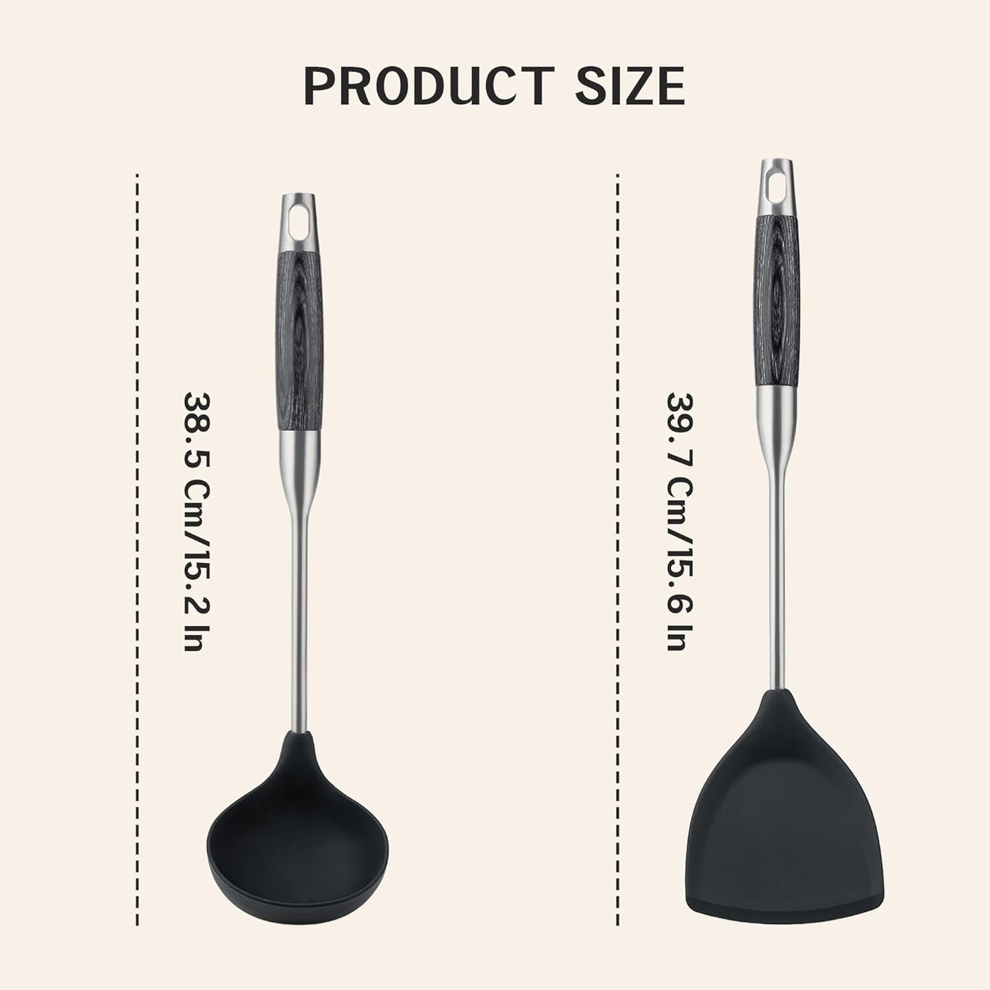 FJNATINH Silicone Wok Spatula and Ladle Set - Stainless Steel Wok Tools, Wok Utensil,Non Stick Heat-Resistant Cooking Utensils BPA Free Kitchen Utensils Cookware (Black Stainless Steel-2PCS)