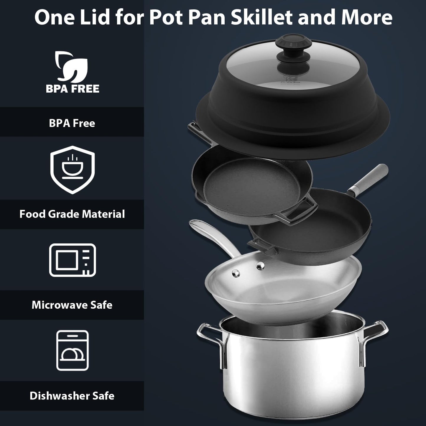 Collapsible Microwave Splatter Lid with Vented Tempered Glass Cover Wok Lid for Microwave Safe, Stockpot Steamer Pot Pan 10.5-11 inch Universal Multifunction Silicone Cover