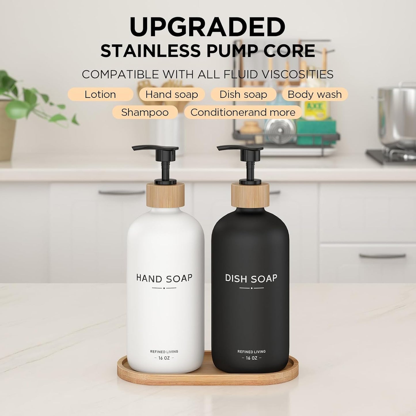 Hand and Dish Soap Dispenser Set,16oz Glass Bottles with Printed Labels, Bamboo Tray & Pump,Countertop Soap Dispensers for Kitchen,Luxury, Minimalist & Farmhouse Decor (Hand Dish (Black/White))
