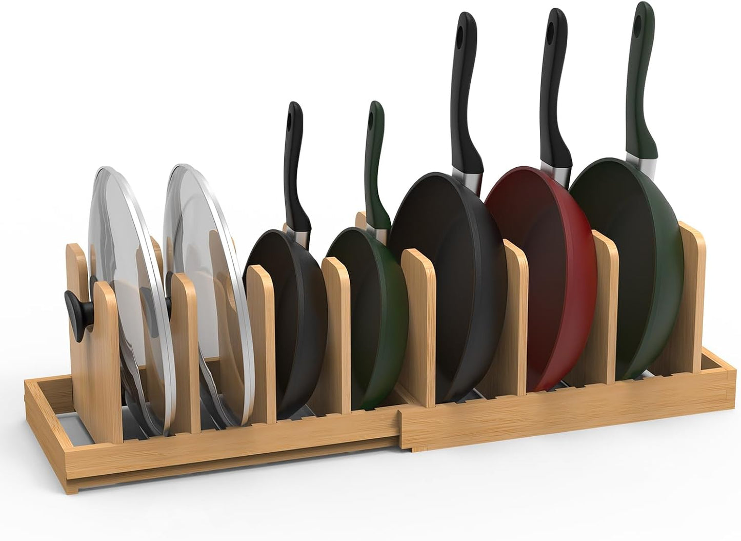 Pots and Pans Organizer Under Cabinet, Bamboo Expandable Pot Lid Organizer Holder Rack with 10 Removable Dividers