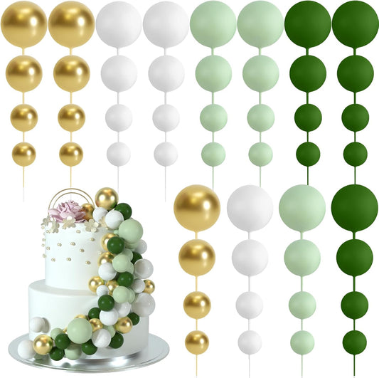 48 Pcs Cake Topper Decorations - Balloon Cupcake Toppers, Foam Balls for Birthday Party Wedding Cake Decorating (Green, Light Green, White, Gold)