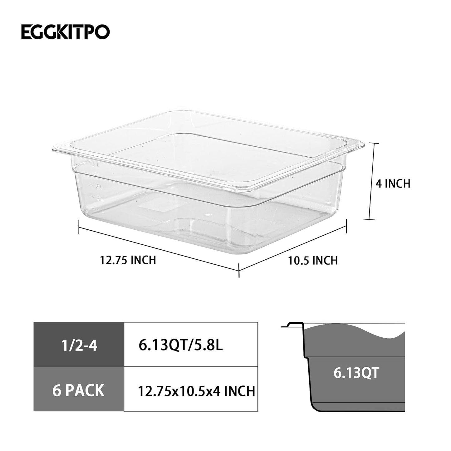 6-Pack 1/2 Size Clear Food Pan 4 Inch Deep Hotel Pan for Party and Catering BPA-free Polycarbonate Food Storage Container Stackable Freezer-safe
