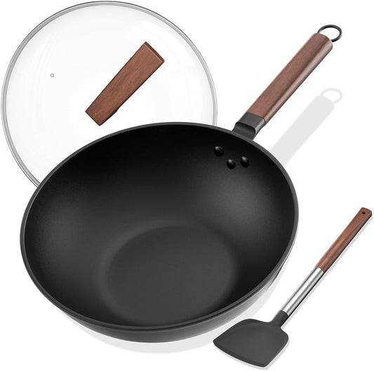 Carbon Steel Wok - Including Glass Cover and Silicone Spatula, 13-Inch Woks & Stir-Fry Pans for Induction, Electric, Gas Stoves