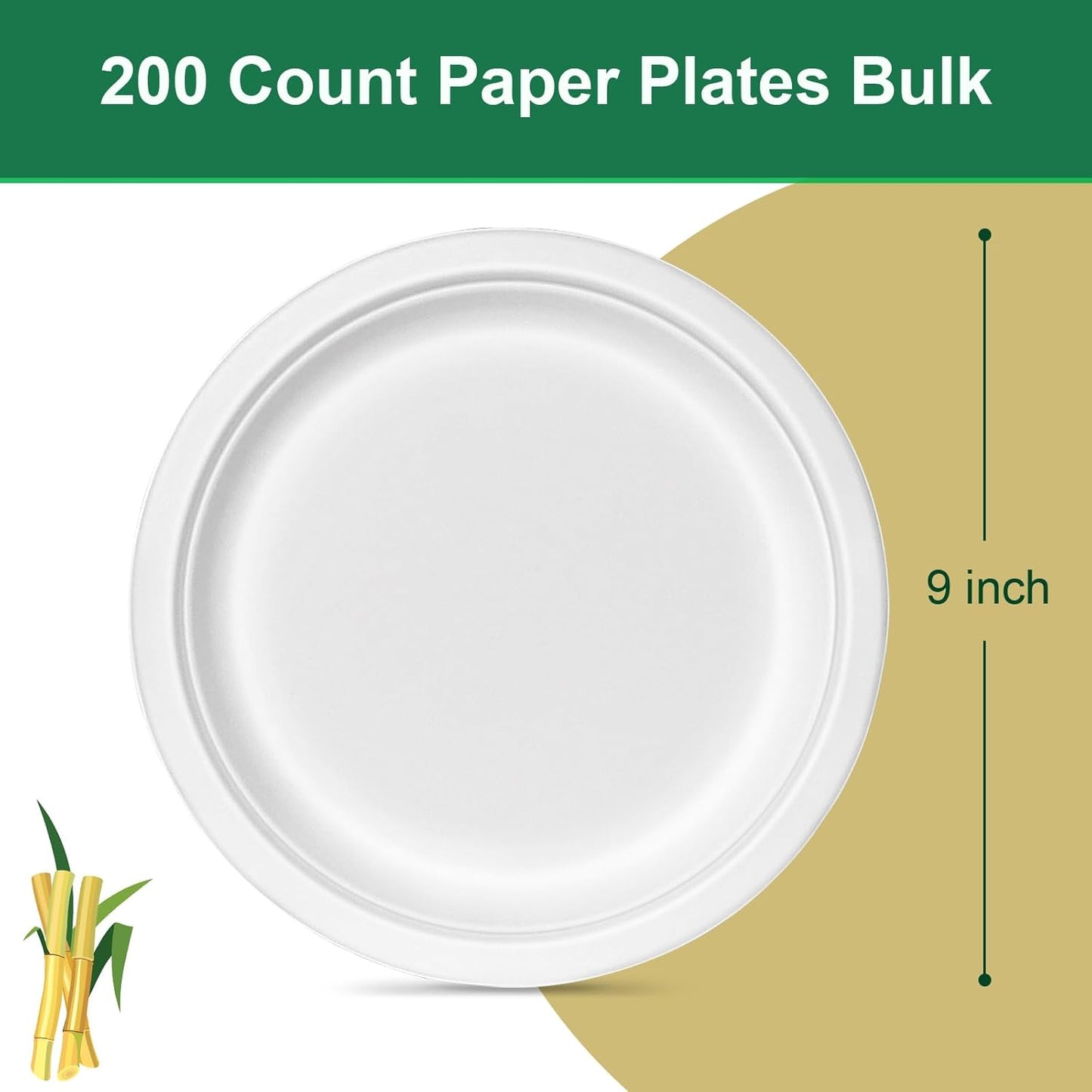 Disposable Paper Plates 9 inch, 200 Pack White Paper Plates Bulk, Eco Friendly Biodegradable Compostable Plates, Sturdy Dinner Paper Plates Heavy Duty for Party Wedding
