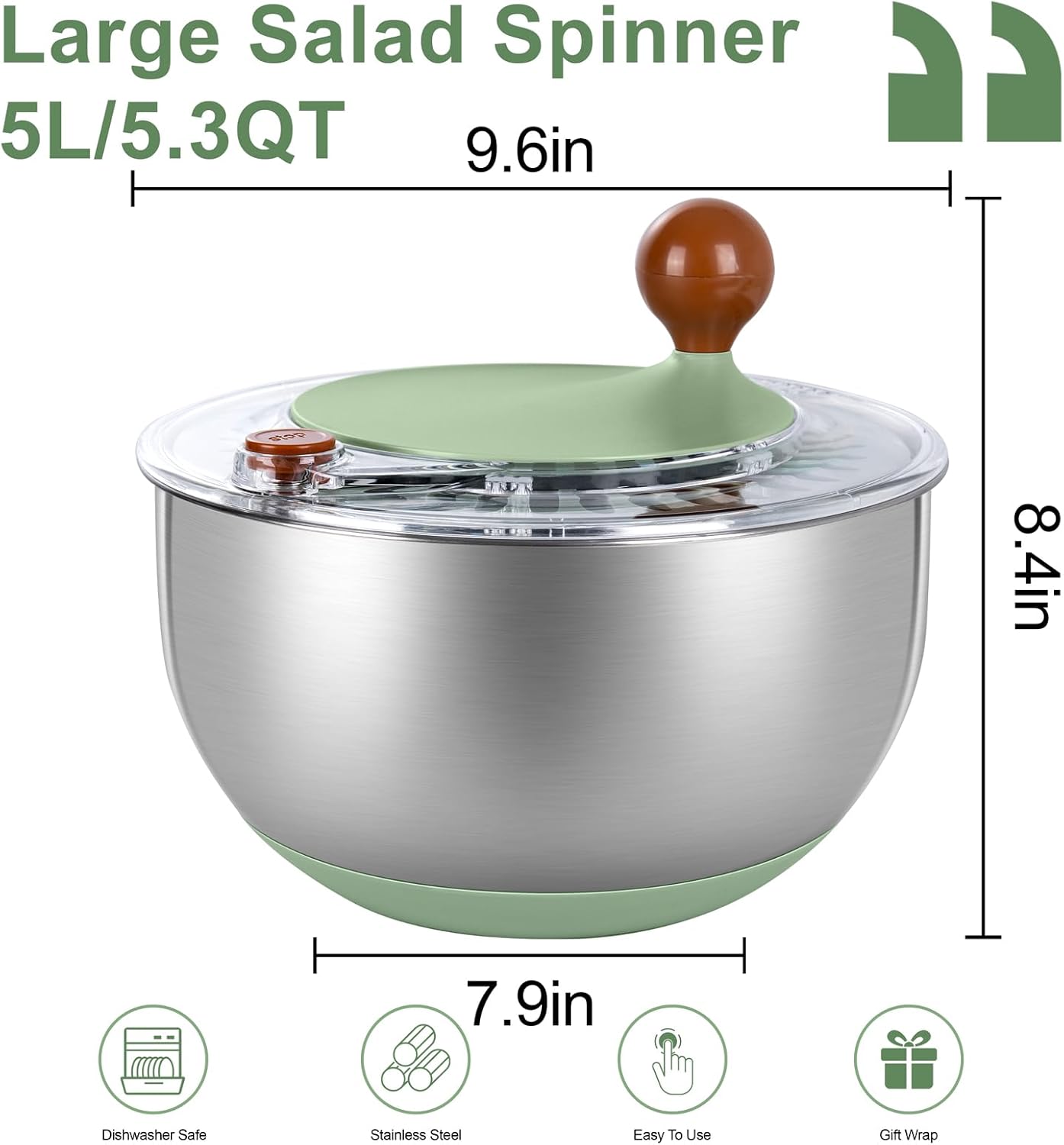 supernal 5.3Qt Stainless Steel Salad Spinner Large with Stop Button Vegetable Dryer Salad Chopper Bowl Non-Slip Base Dishwasher Safe Fruit Washer Transparent Lid & Drainage Hole Vibrant Green
