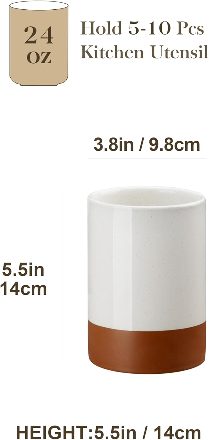 MALACASA Utensil Holder, 5.5" Ceramic Kitchen Utensil Holder for Countertop, Cooking Utensil Crock for Kitchen Counter, Farmhouse Utensil Organizer for Spatula & Spoon, Khaki White, Series TARA