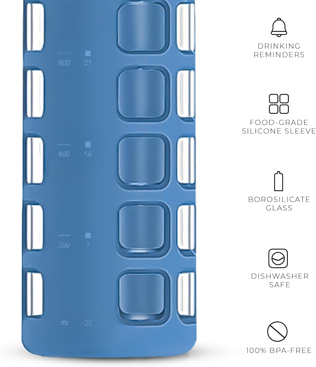 purifyou Premium 40/32 / 22/12 oz Glass Water Bottles with Times to Drink and Volume, Silicone Sleeve & Stainless Steel Lid Insert, Reusable for Fridge Water, Fruit Juice (32oz Chinese Porcelain)