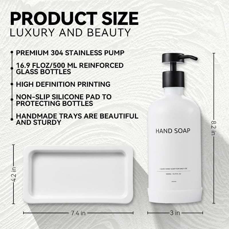 Glass Soap Dispenser Set with Ceramic Tray, 16.9 floz Hand and Dish Soap Dispenser for Bathroom Decor, White and Black Kitchen Accessories (White Bottles + Black Pumps)