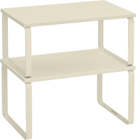 SONGMICS Cabinet Organizer Shelf, Set of 2 Kitchen Counter Shelves, Kitchen Storage, Spice Rack, Stackable, Expandable, Metal and Engineered Wood, Cream White UKCS002W02