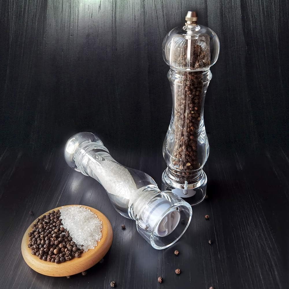 salt and pepper grinder mill set refillable large,the best transparent acrylic grinders for whole peppercorn and himalayan salt