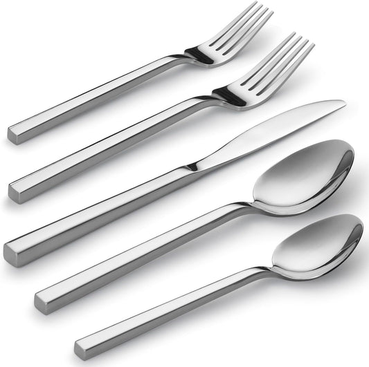 Alata Cube 60-Piece Forged Stainless Steel Flatware Set Cutlery Set, Silverware Set Service for 12, Mirror Finish, Dishwasher Safe