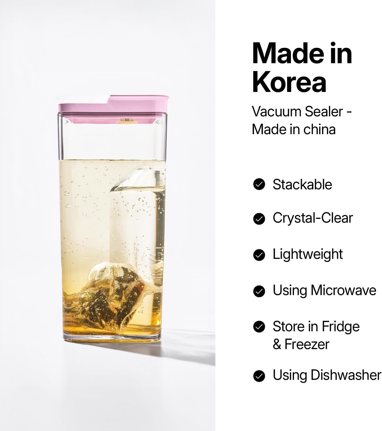 Premium Airtight Water Pitcher ROSE Pink lid, 1.4L(1.48qt) 1pcs, Airtight seal and Vacuum, Leak-free, BPA-free