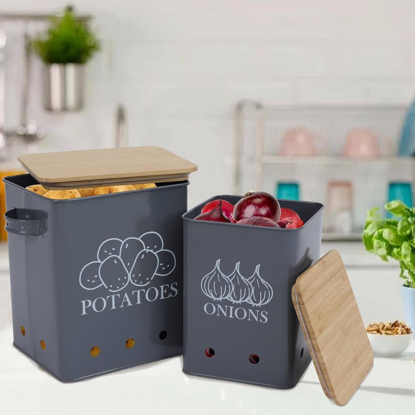 Kitchen Vegetable Storage Tins Set of 2 for Potatoes, Onion, with wooden lid Garlic Bin Caddy, Long Shelf Life-Grey