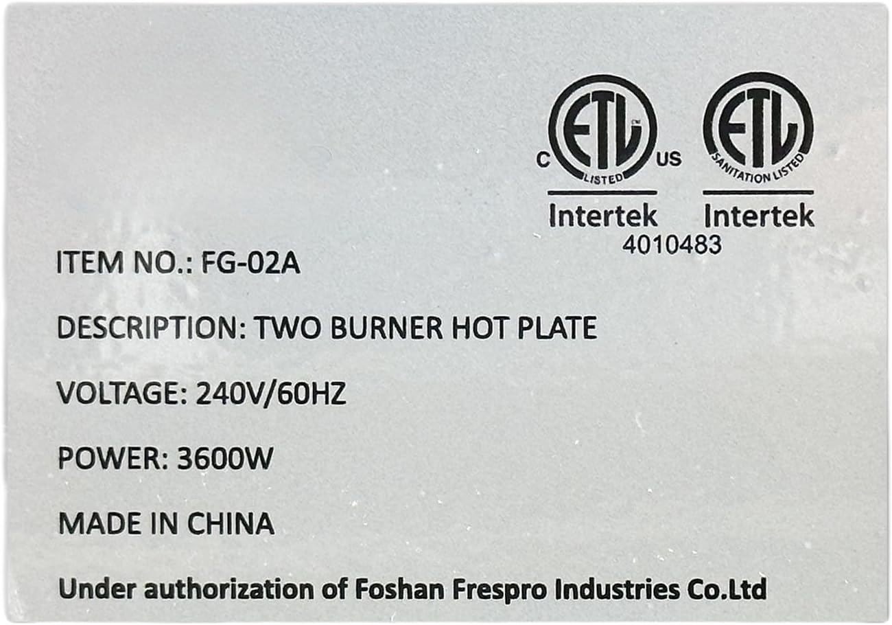 Commercial Double Hot Plate, 3600W Electric Burner, 9-inch Cast Iron Plates, 6 Heat Settings, Stainless Steel Construction FG-02A ETL