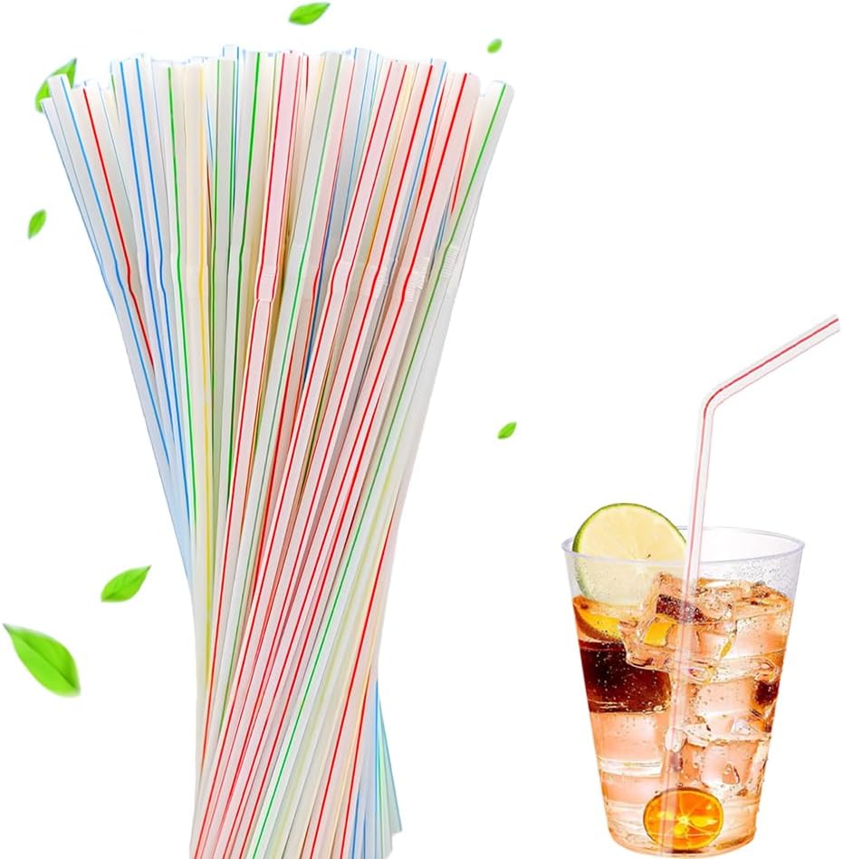 [Honest ECO ] 9.45inch Flexible Plastic Straws Extra Long Bendy Straws Prefer for Tall Glassees/Water Tumbler/Bottled Drinks/All Hot or Cold Low Viscosity Drinks (Stripe)