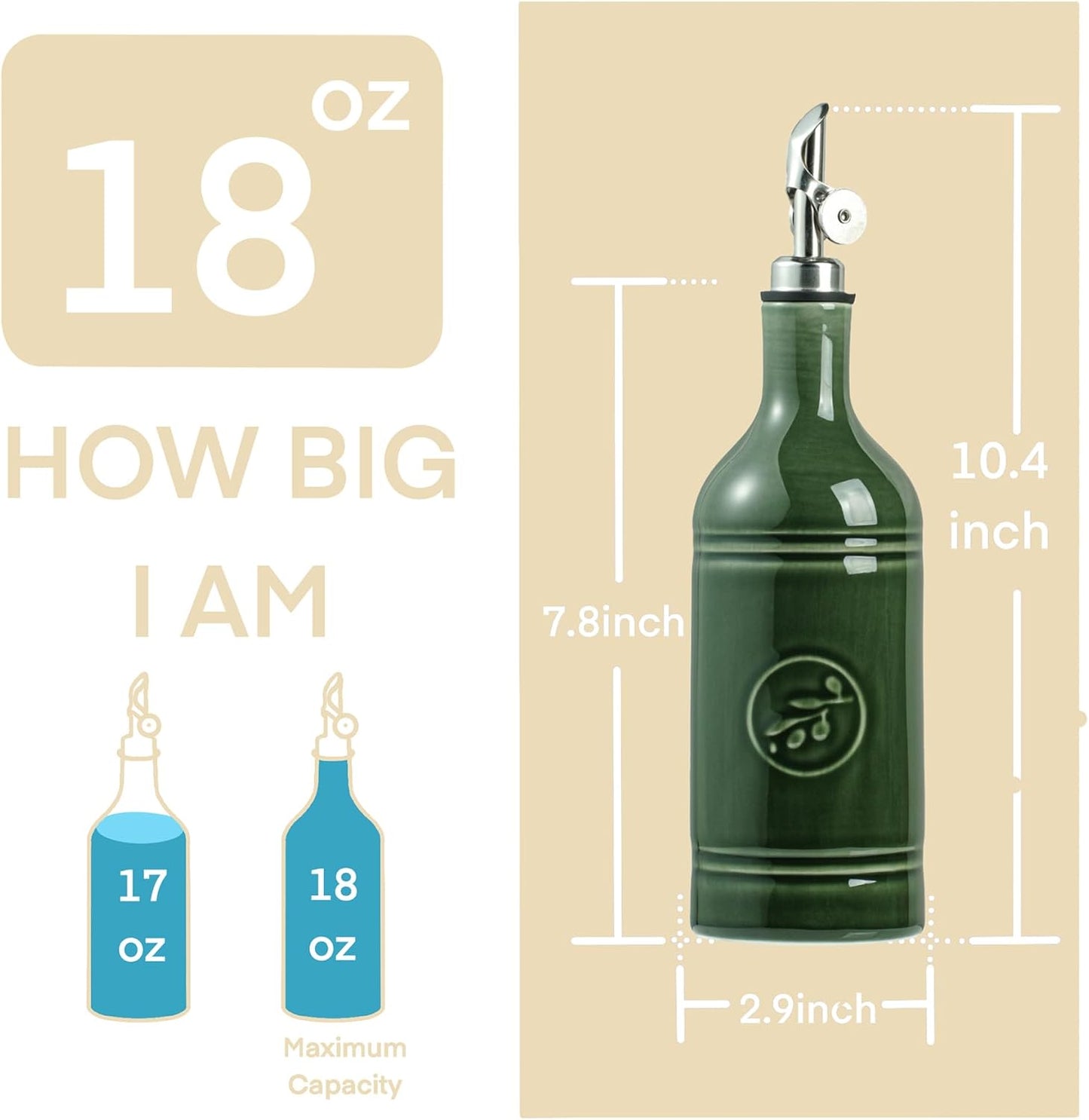 Olive Oil Dispenser Bottle with Spout, 18 oz Ceramic Oil Dispensers for Kitchen, Opaque Cruet, EVOO & Vinegar Bottle with Automatic Stainless Steel Pourer, Pack of 1, Jade Green