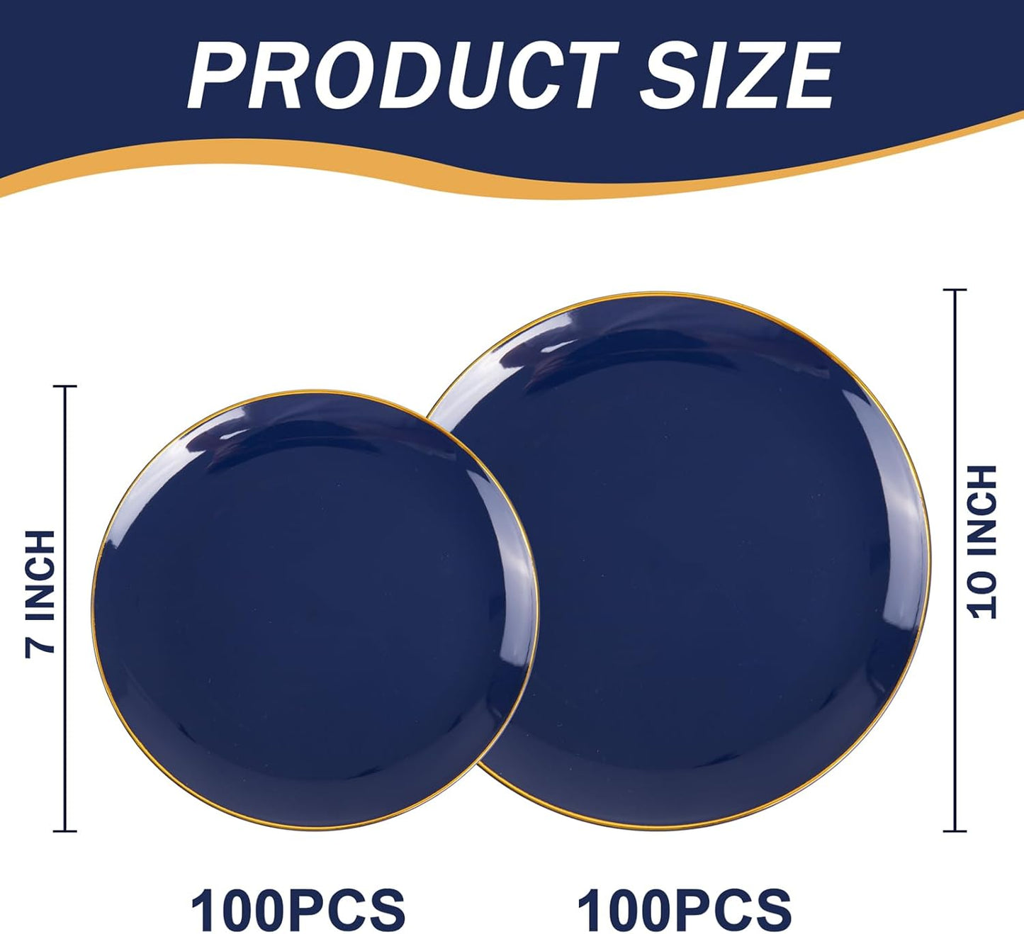 PULOTE 200 Pieces Blue Plastic Plates - Navy Blue and Gold Disposable - Include 100PCS 10 inch Dinner & 100PCS 7 inch Dessert Plate for Party