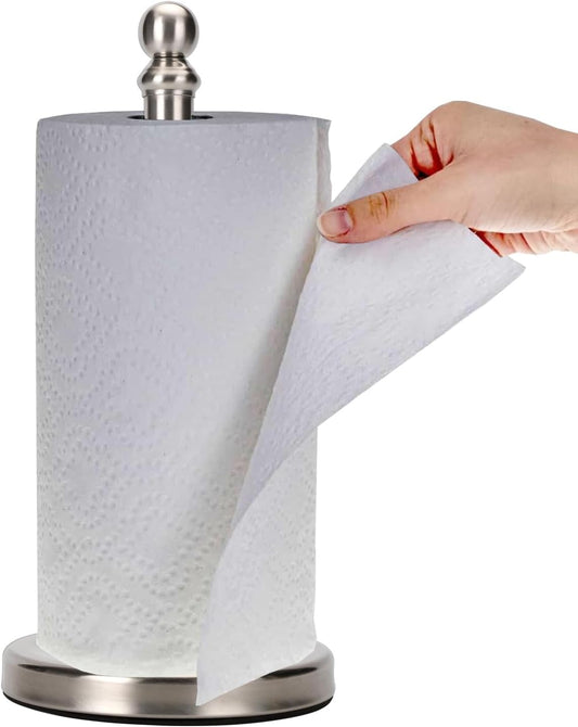 Paper Towel Holder Countertop, Standing Paper Towel Roll Holder for Kitchen Bathroom, with Weighted Base for One-Handed Operation (Brushed Nickel)