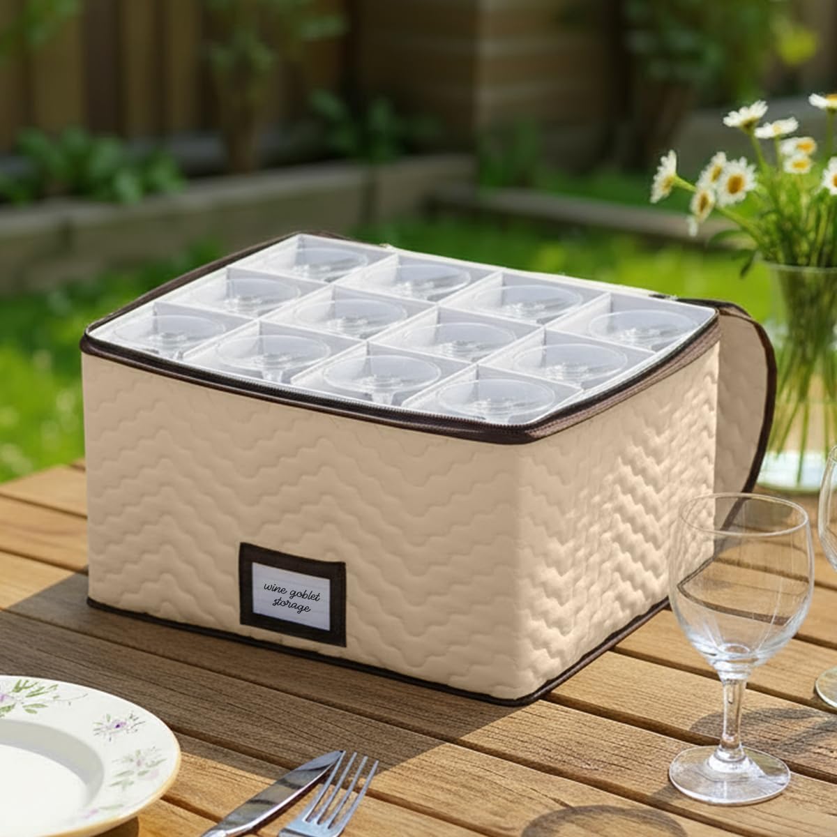 Wine Glass Storage Box with Dividers - Holds 12 Glasses up to 3.75" Wide - Stemware Storage Case - Protects Fine China - Durable Quilted Microfiber Bin with Carry Handles - Ideal for White Wine