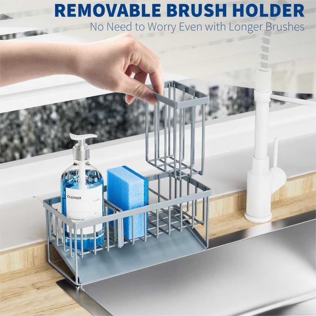 Cisily Sink Caddy Organzier with High Brush Holder, Sponge Holder for Sink, 304 Rustproof Stainless, Kitchen Countertop Soap Dispenser Organizer, Gray Blue Kitchen Decor and Accessories
