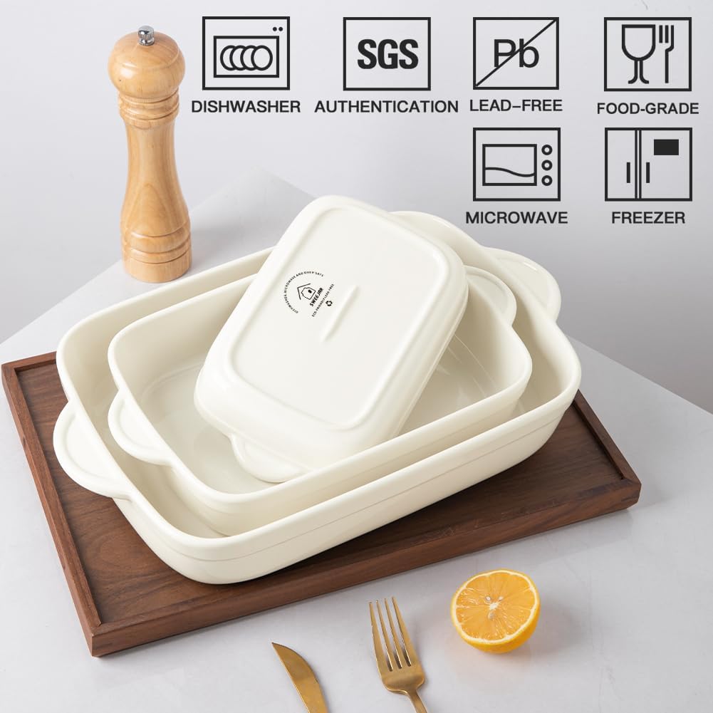 Sweejar Casserole Dishes for Oven, Ceramic Bakeware Set of 3, Lasagna Pan Deep with Handle, Rectangular Baking Pan Set, 9x13 Baking Dish for Cooking, Banquet and Daily Use (Beige)