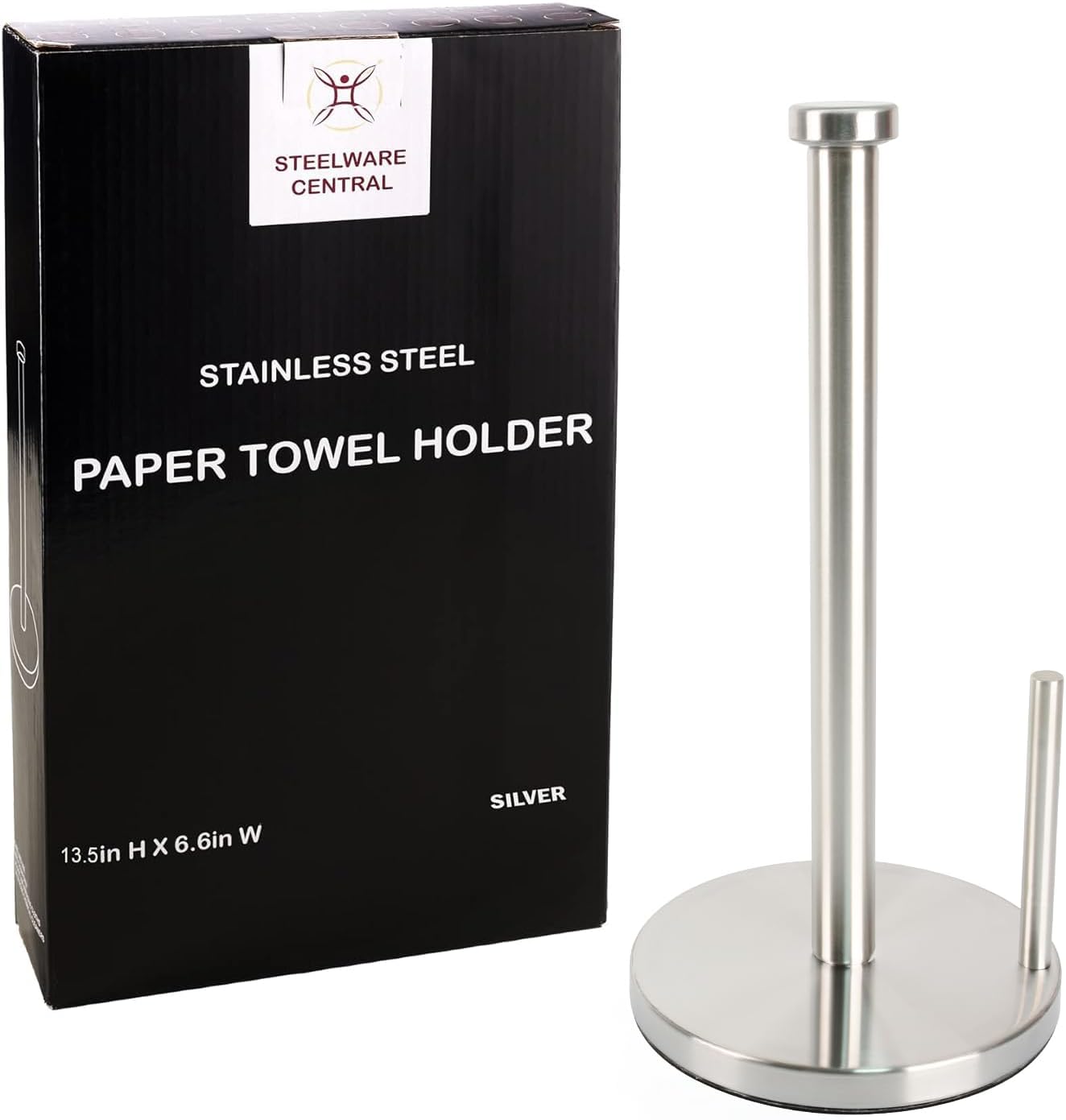 Paper Towel Holder with Side Rod, Stainless Steel, Easy Tear Dispenser for Home Kitchen Countertop Tabletop (Silver)
